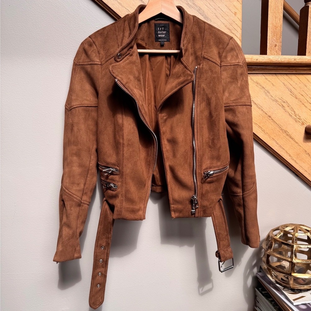Zara Chocolate Mocha Brown Faux Suede Moto Biker Jacket XS Belted Y2K Boho